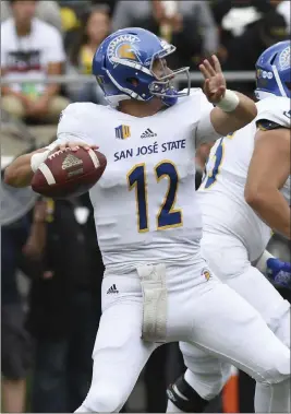  ?? Brian Murphy ?? The Associated Press In five starts, San Jose State junior quarterbac­k Josh Love has completed 54.1 percent of his pass attempts and thrown for eight touchdowns. Love and the Spartans (0-7,0-3 Mountain West) play host to UNLV (2-5, 0-3) at 3:30 p.m. Saturday.