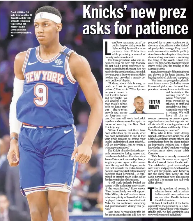  ??  ?? Frank Ntilikina (l.) gets fired up after RJ Barrett (r.) hits with seconds remaining to preserve the Knicks’ lead in Monday night’s victory over Rockets. AP