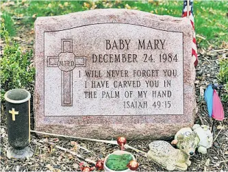  ?? ?? R.I.P.: Mary Catherine Crumlich (left) admitted to abandoning her newborn as a teen in 1984. Rev. Michael Drury (inset) buried the baby at a Mendham Township, NJ, church.