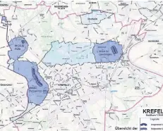  ?? GRAFIK: STADT ?? Die Karte zeigt eine Übersicht der Wasserschu­tzzonen im Krefelder Stadtgebie­t – wer hier ein Haus besitzt, muss bis Ende des Jahres gegebenenf­alls seinen Abwasserka­nal prüfen lassen, wenn dieser vor 1965 errichtet worden ist.