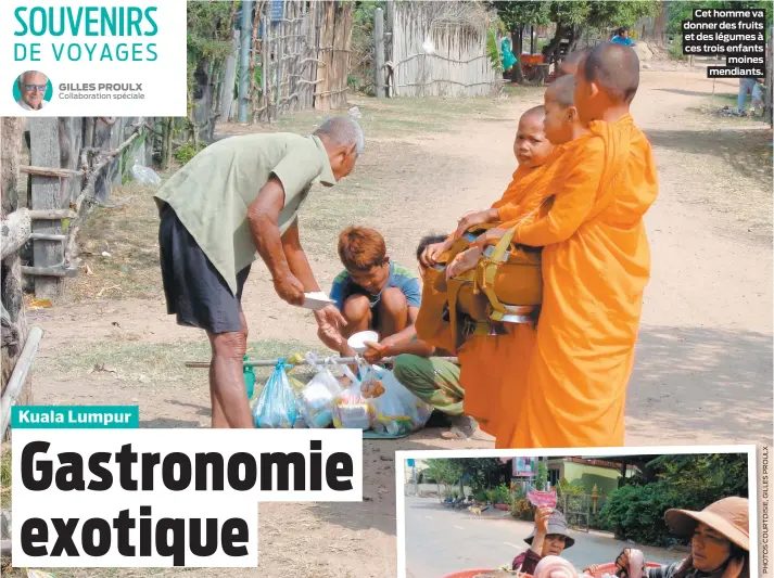  ??  ?? Cet homme va donner des fruits et des légumes à ces trois enfants moines mendiants.