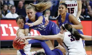  ?? AP/JOHN LOCHER ?? Gonzaga’s Jenn Wirth (left) averages 8.4 points and 5.3 rebounds per game for meet UALR on Saturday in the first round of the NCAA Women’s Tournament. the Bulldogs, who