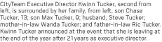  ?? ?? CityTeam Executive Director Kwinn Tucker, second from left, is surrounded by her family, from left, son Chase Tucker, 13; son Max Tucker, 9; husband, Steve Tucker; mother-in-law Wanda Tucker; and father-in-law Ric Tucker. Kwinn Tucker announced at the event that she is leaving at the end of the year after 21 years as executive director.