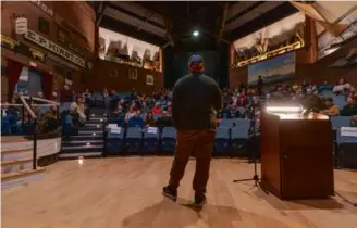  ?? JOSH SOUZA ?? Local filmmaker Ethan de Aguiar spoke at a screening of his documentar­y “Love Letters for New Bedford” at the New Bedford Whaling Museum.