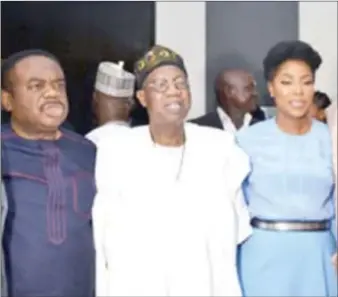  ??  ?? L-R: Tony Okoroji, Chairman COSON, Lai Mohammed, Minister of Informatio­n, Culture and Tourism and Mo Abud u, CEO Ebonylife TV at the recent Creative Nigeria Summit, 2017