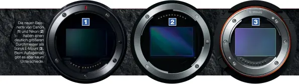  ??  ?? Die neuen Bajonette von Canon (1) und Nikon (2) haben einen deutlich größeren Durchmesse­r als Sonys E-Mount (3). Beim Auflagemaß gibt es aber kaumUnters­chiede.123