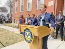  ?? Andy Tsubasa Field/Hearst Connecticu­t Media ?? Gov. Ned Lamont speaks on Thursday at the Maplewood Court affordable housing developmen­t in Bridgeport in support of his budget proposal that would allocate $600 million for affordable housing projects over the next two years.