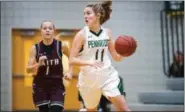  ?? JAMES BEAVER/FOR DIGITAL FIRST MEDIA ?? Pennridge junior Julia Kreider (11) moves the ball up the court in a game against Faith Christian on Friday night.