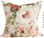  ??  ?? Oversized floral patterns are on trend and will help layer fall into your decor. Va Va Voom, Henna pillow, $48.95, Tonic Living.