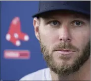  ?? AP FILE ?? ACE IN DECLINE: Boston Red Sox pitcher Chris Sale speaks wit the media during baseball spring training at Jet Blue Park in Fort Myers, Fla. on March 16.
