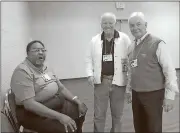  ?? Kevin Myrick / Standard Journal ?? Mike Linley (from left), Bob Culver and Greg Stewart pose for a shot at the Rockmart High School Class of 1967 reunion.