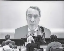  ?? ANDREW VAUGHAN ■ THE CANADIAN PRESS ?? Senior commission counsel Rachel Young questions Michael Hallowes, a specialist in digital platforms for public safety and national security, as he provides informatio­n related to public alert systems at the Mass Casualty Commission inquiry into the mass murders in rural Nova Scotia on April 18/19, 2020, in Dartmouth, N.S. on Wednesday, May 11, 2022. Hallowes appears by video from London, England. Gabriel Wortman, dressed as an RCMP officer and driving a replica police cruiser, murdered 22 people.