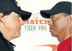  ?? Foto: USA TODAY Sports ?? Die Boxer-Attitüde steht weder Phil Mickelson noch Tiger Woods sehr gut zu Gesicht. Für ein paar Millionen Dollar kann man aber so tun als ob.