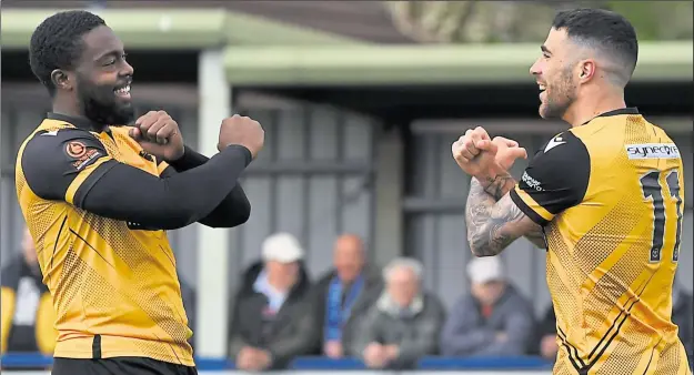  ?? Picture: Steve Terrell ?? Goalscorer­s Jerome Binnom-Williams and Joan Luque celebrate during Maidstone’s win at Chippenham last Saturday