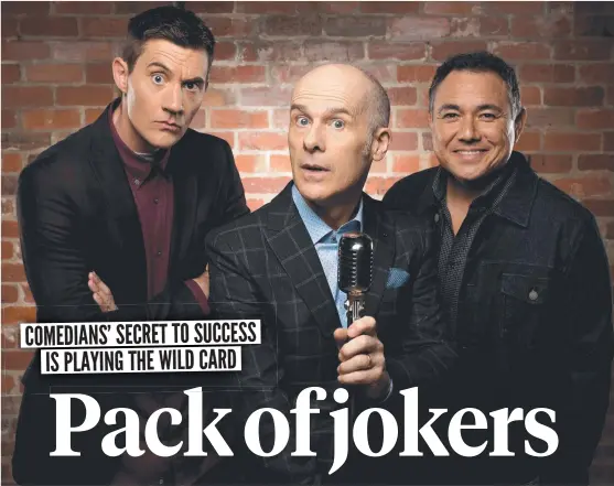  ?? ?? HYBPA panellists Ed Kavalee, left, and Sam Pang, right, with host Tom Gleisner for their 10th season of the award-winning show.