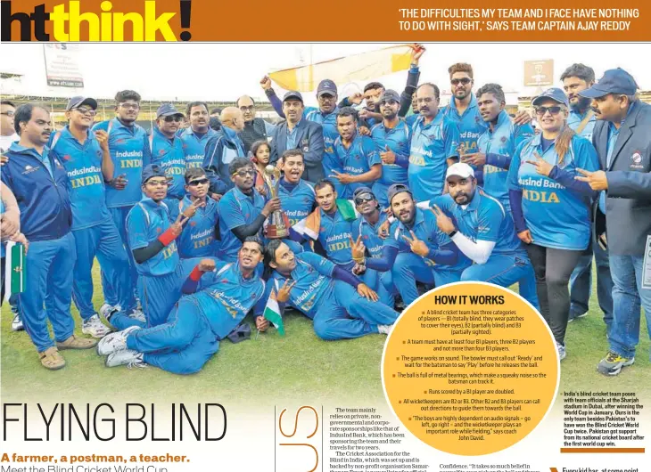  ??  ?? India’s blind cricket team poses with team officials at the Sharjah stadium in Dubai, after winning the World Cup in January. Ours is the only team besides Pakistan’s to have won the Blind Cricket World Cup twice. Pakistan got support from its national...