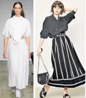  ??  ?? Far left: 1205 spring/summer 2016; left, Jacquard-knit long skirt, £269; leather mules with metal buckle, £260; leather shoulder bag with flap, £420; fine canvas varsity-style jacket, £260 (maje.com)