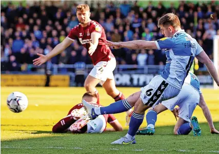  ?? Picture: Ryan Crockett/JMP ?? Sam Finley gets a shot away during Bristol Rovers’ 1-0 win at Northampto­n