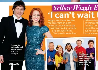  ??  ?? Emma with husband – and purple Wiggle – Lachlan Gillespie. Duets guests include Guy Sebastian (centre), Kylie, Barnesy, Paulini and the Irwin family.