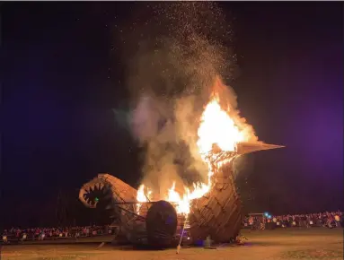  ?? VIRGINIA LINDAK — FOR MEDIANEWS GROUP ?? This is what the crowd has been waiting for as flames shoot into the night sky at the Phoenixvil­le Firebird Festival.