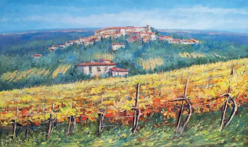  ??  ?? Il quadro Fabrizio Filippi Vigneto nel Chianti Olio su tavola cm. 60 x 100. Collezione: B.V. Art Gallery – via di Città 111 Siena – info@artesie na.it www.artesie na.it