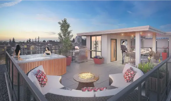  ??  ?? An artist’s rendering shows one of the private rooftop patios featured in the penthouses of the Adera Developmen­t Corporatio­n’s Virtuoso. There are balconies on every floor.