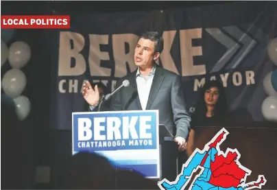  ?? STAFF FILE PHOTO BY ANGELA LEWIS FOSTER ?? Mayor Andy Berke speaks to supporters Tuesday in the Revelry Room at the Chattanoog­a Choo Choo the night he won his re-election bid.