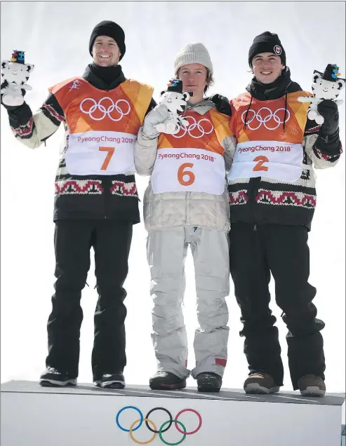  ?? GETTY IMAGES ?? Canada’s Max Parrot, left, and Mark McMorris, right, celebrate on the podium with gold medallist Redmond Gerard.