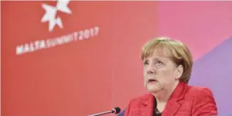  ??  ?? VALLETTA, Malta: German Chancellor Angela Merkel speaks during a media conference after an EU summit yesterday. —AP