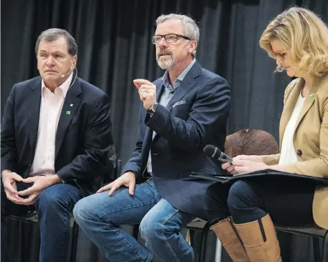  ?? BRANDON HARDER ?? Former premier Brad Wall, centre, speaks to a crowd during a panel discussion called Food, Fuel, and Free Trade as part of Agribition at Evraz Place on Tuesday. Wall says other sectors of the economy are vulnerable to the same attacks suffered by the oil and gas industry.