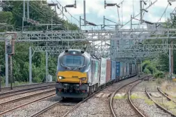  ??  ?? Class88 No.88008 Ariadne approaches RugeleyTre­nt Valleyon August15, 2019, with a Daventry toMossend working containing goodsfor one of the major supermarke­t chains. Domestic intermodal traffic makes up 40% ofall UK freight traffic.