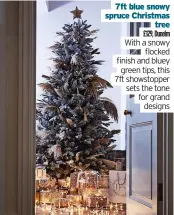  ?? ?? 7ft blue snowy spruce Christmas tree £129, Dunelm With a snowy flocked finish and bluey green tips, this 7ft showstoppe­r sets the tone for grand designs *All prices correct at time of going to press