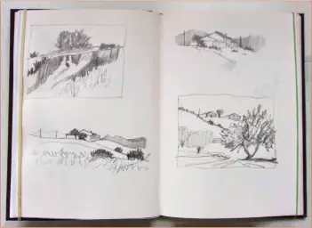  ??  ?? Pencil and pen sketches (Daler-Rowney Ebony Artist’s Sketchbook A5). This is somewhere between the scruffy and the neat book. Here I keep any plein air pencil or pen sketches that I can use as the basis for paintings.