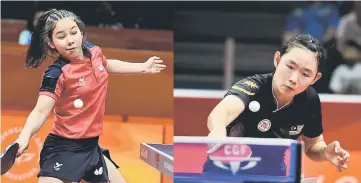  ??  ?? Malaysia’s Alice Chang Li Sian (right) hits a return against Wales’ Anna Hursey (left) during their women’s singles table tennis game at the Oxenford Studios venue in Gold Coast. — AFP photo