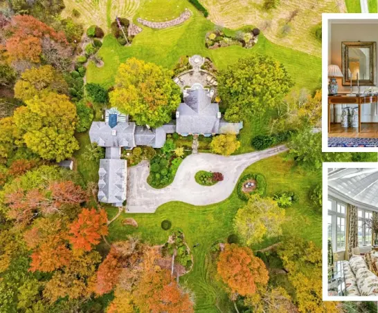  ?? Ryan McIntyre ?? Above: Aerial view of the three-car garage, the main house and the entrance drive of Woodmere in Ligonier.