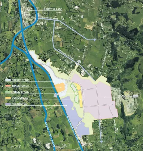  ??  ?? A map (left) showing the business park and nearby housing; below (left to right) John Dunshea of Auckland Council; Stephen Hughes, of Stevensons and Scott Keene, of Classic Developmen­ts, at the Drury South Crossing site.