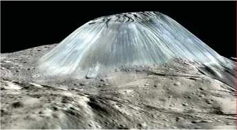  ?? http://dawn.jpl.nasa.gov ?? Volcan de glace. En orbite autour de Cérès, plus gros objet de la ceinture d’astéroïdes, la sonde américaine Dawn a obtenu cette image du mont Ahuna en août 2016. Cette reconstruc­tion en perspectiv­e résulte de l’assemblage de plusieurs clichés pris...