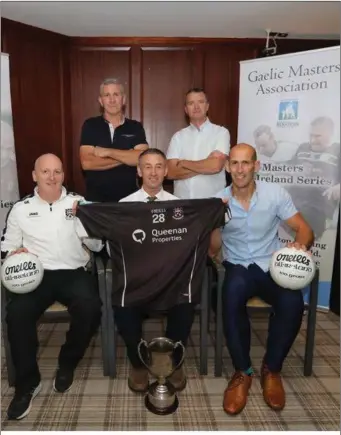  ??  ?? At the launch of the knockout stages of the Gaelic Masters Associatio­n’s Masters(over 40s) competitio­ns in the Westgrove Hotel &amp; Conference Centre in Clane, Co. Kildare recently were Sligo’s David Killoran and Con O’Meara, seated either side of Chairman John Pat Sheridan. Treasurer James Breslin and Secretary Muiris Quinn are standing.’