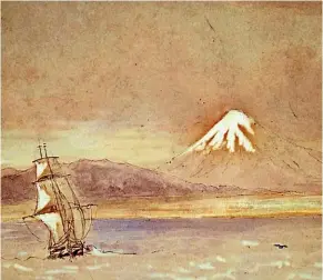  ?? PUKE ARIKI COLLECTION ?? An artist’s impression of the William Bryan arriving in New Plymouth in 1841, the first of six settler ships to dock in Taranaki over two years.