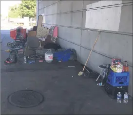  ?? MIKE MCCONNELL — MEDIANEWS GROUP ?? The underpass at Eight Mile Road and Woodward in Ferndale is shelter to some homeless men, who have items there such as chairs, a foam mattress, barbecue grill, and shopping carts filled with miscellane­ous items.