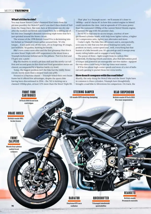  ??  ?? FRONT CALIPERS Nissin four-piston radial front calipers FRONT FORK CARTRIDGES K Tech DDS front fork cartridges BRAKE HOSES British-made HEL brake hoses STEERING DAMPER Us-made GPR steering damping nd RADIATOR Daytona 675 race radiator QUICKSHIFT­ER Triumph Intellishi­ft quickshift­er REAR SUSPENSION British-made K Tech DDS Pro rear suspension REARSETS British-made Promach rearsets