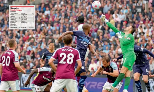  ?? ?? Gripping battle: West Ham goalkeeper Lukasz Fabianski (in green) makes a save during the Premier League match against Manchester City. — ap