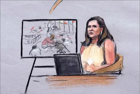  ?? Sketches by
Jane Flavell Collins
Associated Press ?? CELESTE CORCORAN, depicted on the witness stand, recalls her husband saying, “This was a bomb!” as he tried in vain to save her legs.