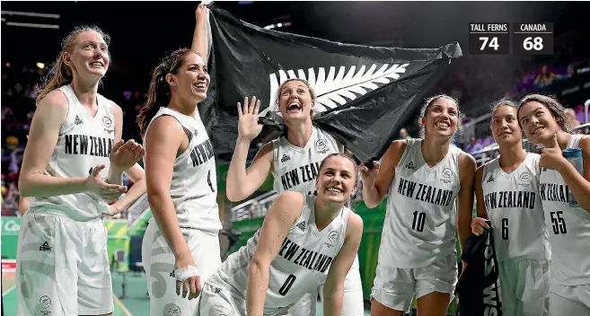  ?? GETTY IMAGES ?? The Tall Ferns celebrate after beating Canada in the playoff for the bronze medal at Gold Coast Convention Centre last night. Charlisse Leger-Walker and Natalie Taylor scored 18 points apiece.