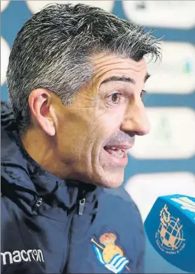  ?? FOTO: RS ?? Imanol Alguacil durante la rueda de prensa previa al entrenamie­nto