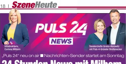  ??  ?? Infodirekt­orin Corinna Milborn Senderchef­in Groiss-Horowitz mit Puls-4-Gründer Breiteneck­er