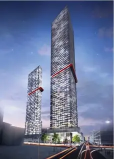  ??  ?? E Condos will comprise two towers and each will have a cantilever­ed glass-enclosed pool jutting out from the 31st floor.