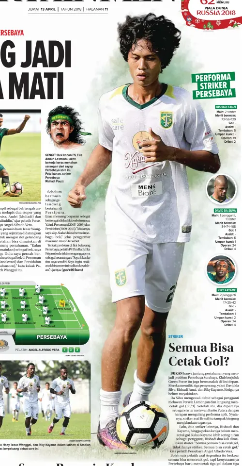  ?? ANGGER BONDAN/JAWA POS ANGGER BONDAN/JAWA POS ?? SENGIT: Bek kanan PS Tira Abduh Lestaluhu akan bekerja keras menahan serangan dari sayap Persebaya sore ini. Foto kanan, striker Persebaya
Rishadi Fauzi.