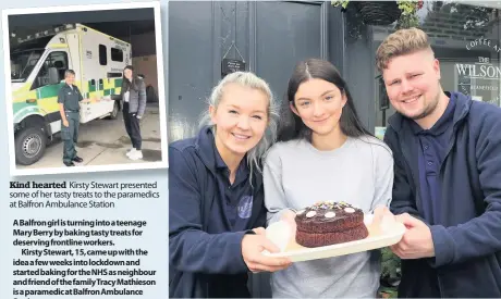  ??  ?? Kind hearted Kirsty Stewart presented some of her tasty treats to the paramedics at Balfron Ambulance Station
Great effort Erin Howell and Aiden Wardle from Coffee at the Wilson’s with Kirsty Stewart