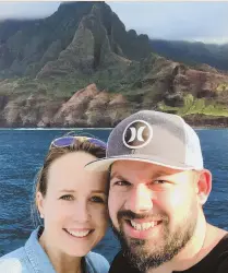  ?? COURTESY PHOTOS ?? TRIP TRAUMA: Bliss turned to stress for honeymoone­rs Roger and Lauren Soroka, left, on Maui and Katie and Andrew Coleman on Kauai, above, when the missile launch warning was broadcast.